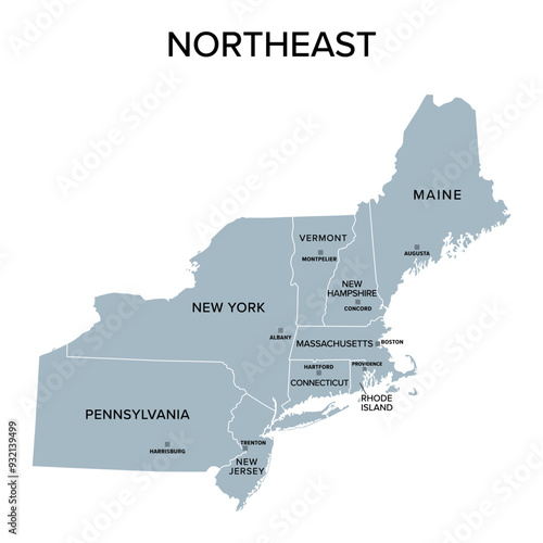 Northeast, census region of the United States of America, gray political map of census region 1, consisting of 9 single states. Map with geographical borders and capitals. Isolated illustration.