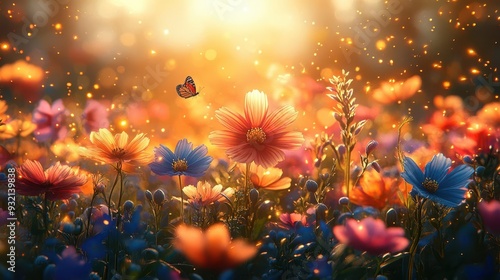 enchanted meadow with diverse wildflowers sunbeams filtering through petals carried by wind dreamy soft focus rich colors butterflies and fireflies adding magic