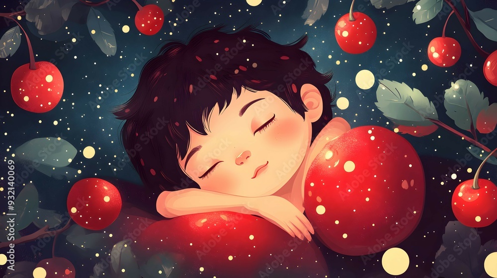 Sleeping Boy Surrounded by Cherries. Sleeping Boy Surrounded by Cherries.