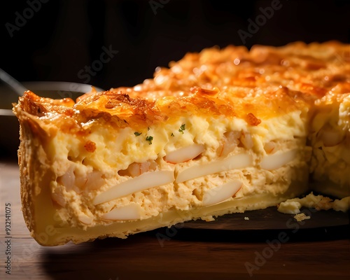 Golden Empadao: a slice of empadao, a Brazilian savory pie with a golden crust. photo