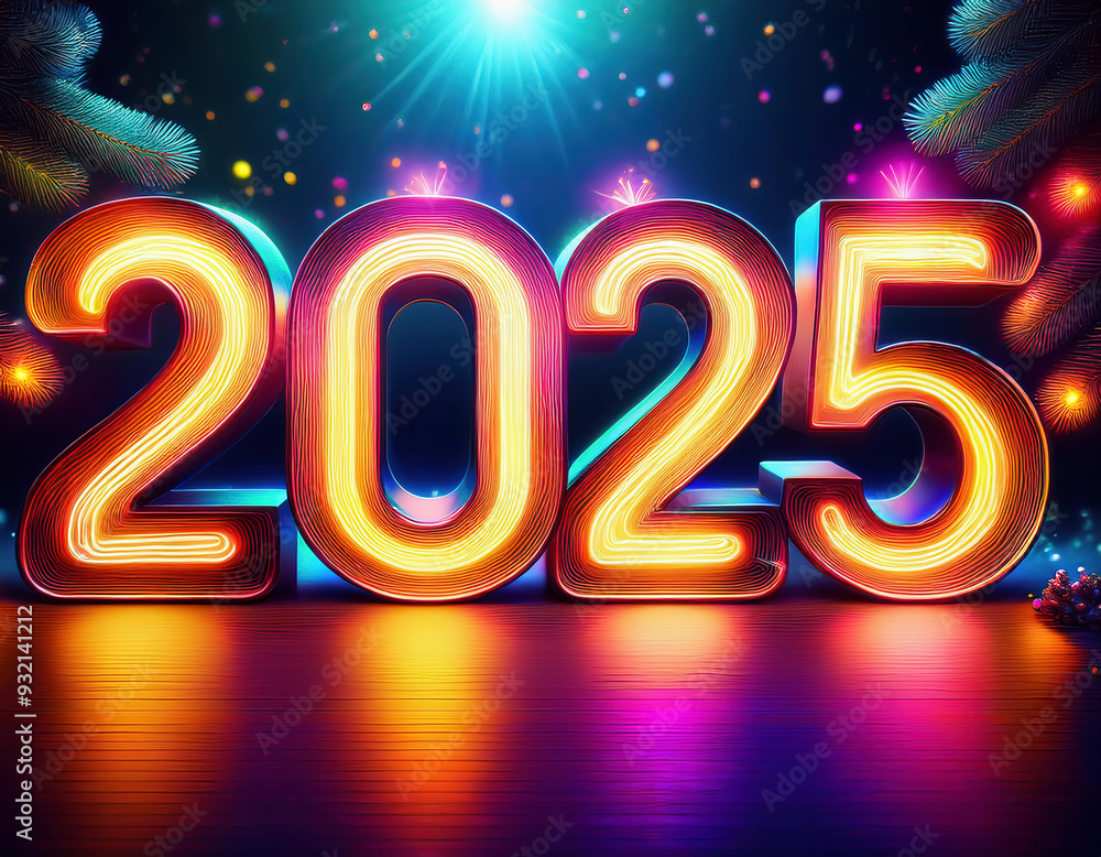 Happy New Year 2025 background with glowing neon numbers. Vector illustration. Happy New Year 2025 background with glowing neon numbers. Vector illustration.