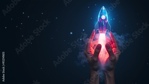 Two hands hold a glowing blue rocket against a dark background. Smoke trails signify liftoff and progress. Perfect for space exploration, science fiction, and futuristic themes. photo