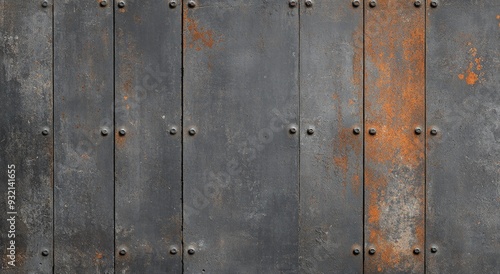 Weathered metal panels with rust and rivets on an industrial wall