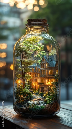 Creative depiction of a miniature village with glowing lights and trees, encased in a glass jar, showcasing intricate detail.