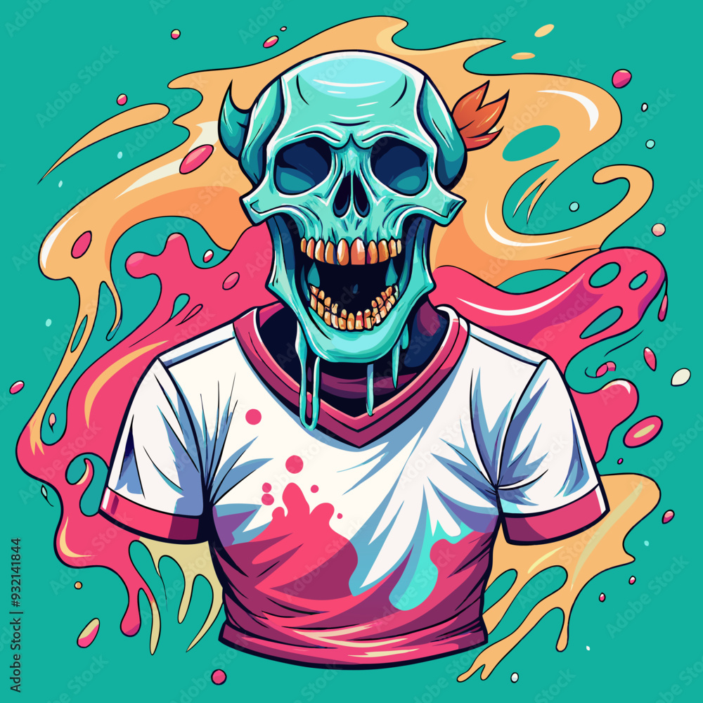 Fototapeta premium Colorful Skull Concealed by Shirt - Vibrant Splash Design for T-Shirts on a White Background art vector illustration