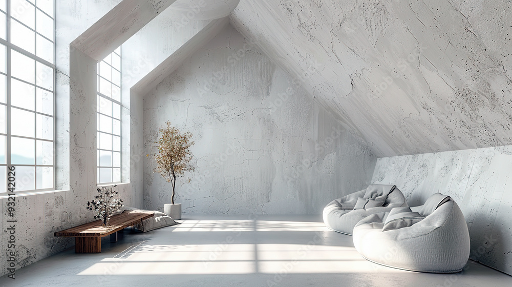 loft style minimalistic attic bright white concrete room loft style minimalistic attic bright white concrete room