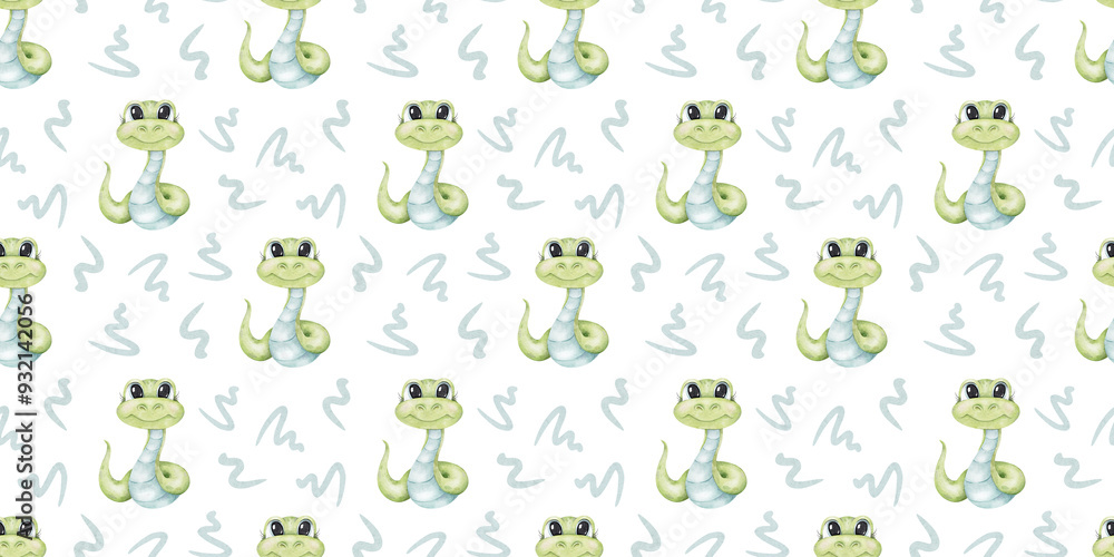 Cute green snakes. Hand drawn Watercolor seamless pattern. Print of baby reptile. Background with sign of New year 2025 for kid goods, textiles, fabric, scrapbook, office supplies Cute green snakes. Hand drawn Watercolor seamless pattern. Print of baby reptile. Background with sign of New year 2025 for kid goods, textiles, fabric, scrapbook, office supplies
