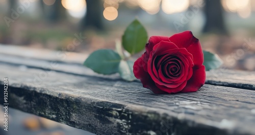 A red rose resting on a wooden bench at sunset in a peaceful outdoor setting