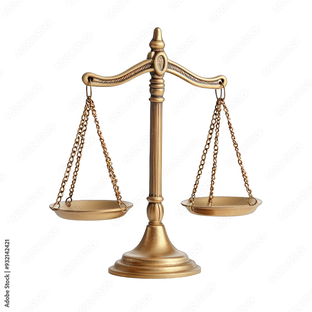 Elegant gold scale representing justice, balance, and fairness in legal matters and moral judgments. transparent background Elegant gold scale representing justice, balance, and fairness in legal matters and moral judgments. transparent background