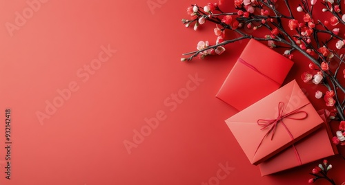 Red envelopes and cherry blossom branches on a vibrant red background during ...