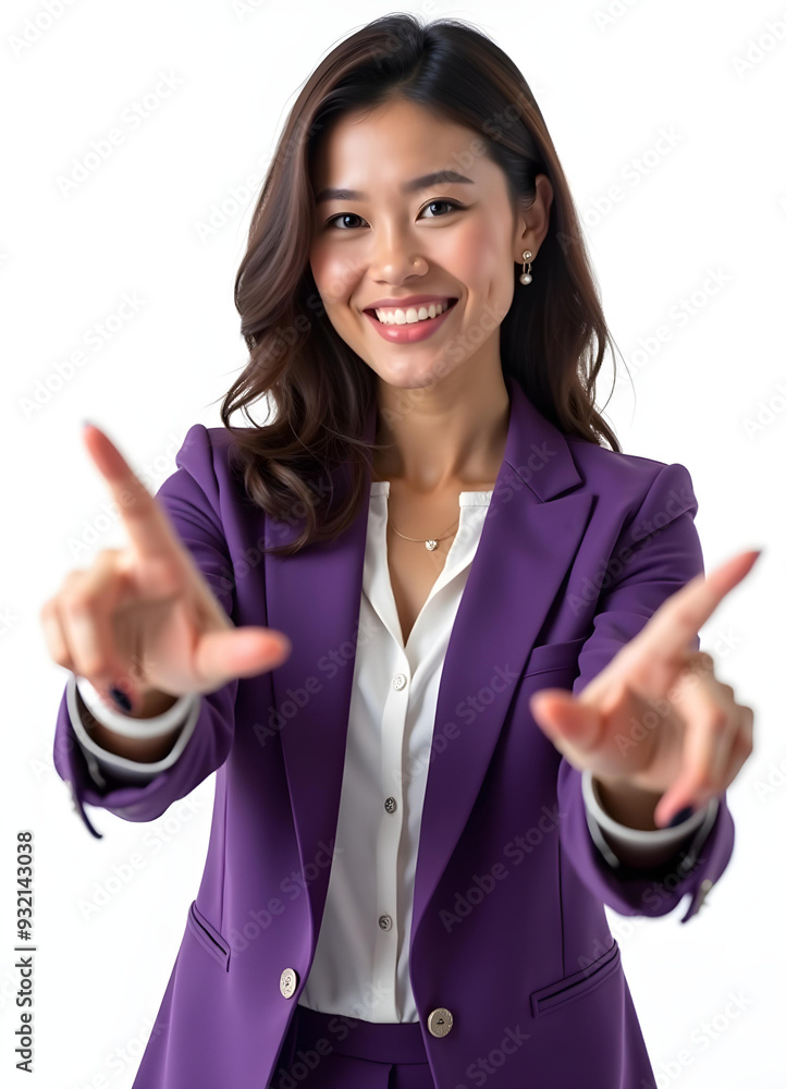 Portrait of a beautiful Chinese woman looking graceful while pointing her fingers in opposite directions. Isolated on yellow background. Portrait of a beautiful Chinese woman looking graceful while pointing her fingers in opposite directions. Isolated on yellow background.
