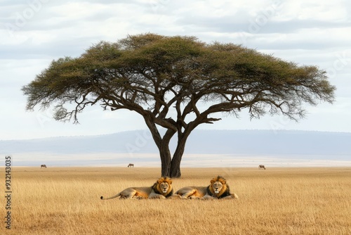 A pair of lions rests under an Acacia tree, surrounded by an expansive savannah landscape, capturing the essence of tranquility and the natural harmony in Africa's wilderness.