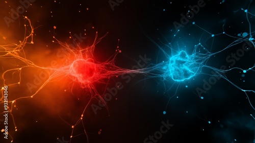 Abstract illustration of two glowing orbs connected by a web of lines, one red and one blue.