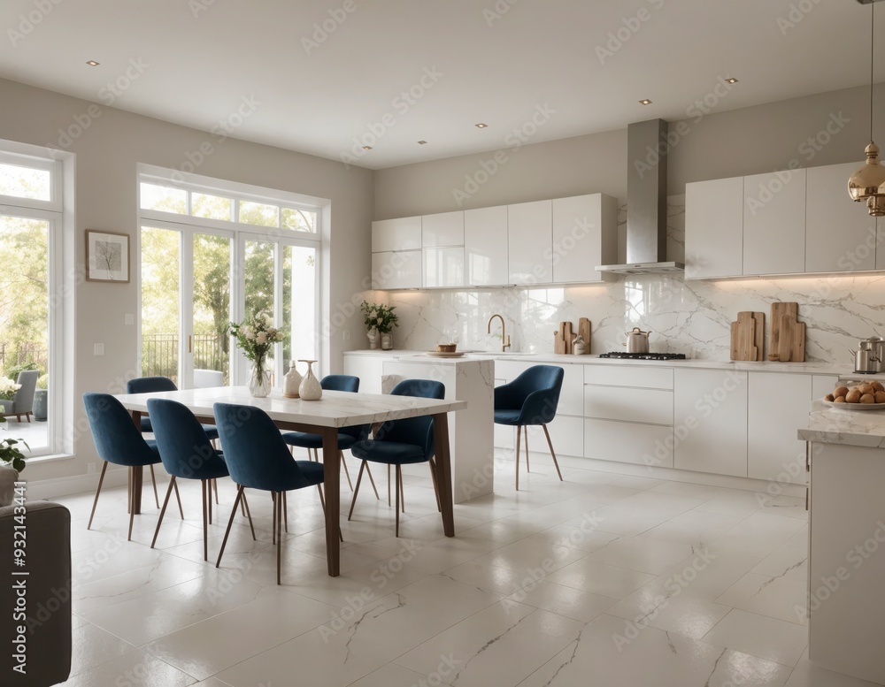 A large, open kitchen with white cabinets and a blue dining table A large, open kitchen with white cabinets and a blue dining table