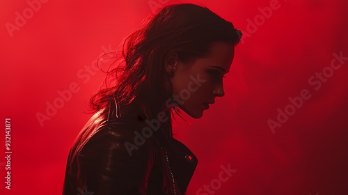 Silhouetted woman in leather jacket with dramatic red lighting, exuding mystery and intensity. Ideal for artistic and conceptual projects.