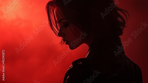 Silhouette of a woman against a dramatic red background, creating a moody and mysterious atmosphere.
