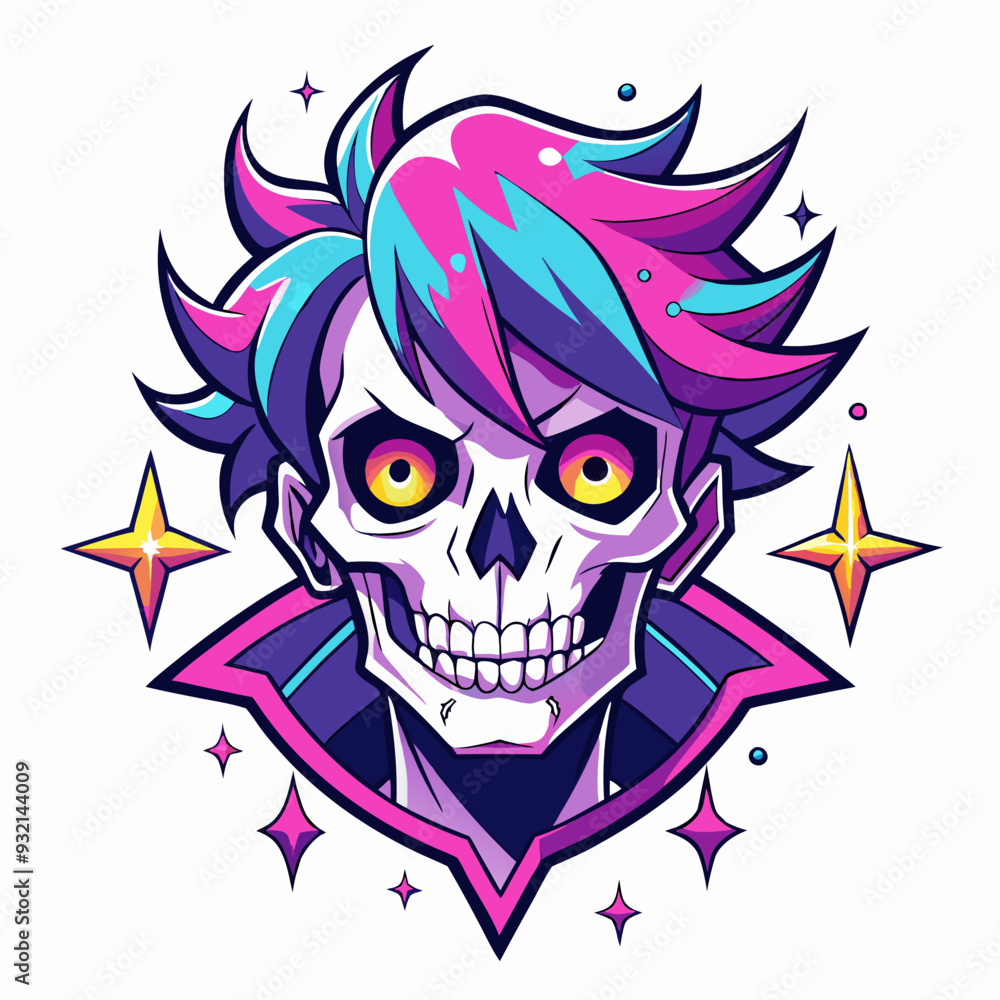 Epic Anime Skull Vector T-Shirt Design, Glitch Aesthetic, Starry Shimmer, Crisp White Background Epic Anime Skull Vector T-Shirt Design, Glitch Aesthetic, Starry Shimmer, Crisp White Background