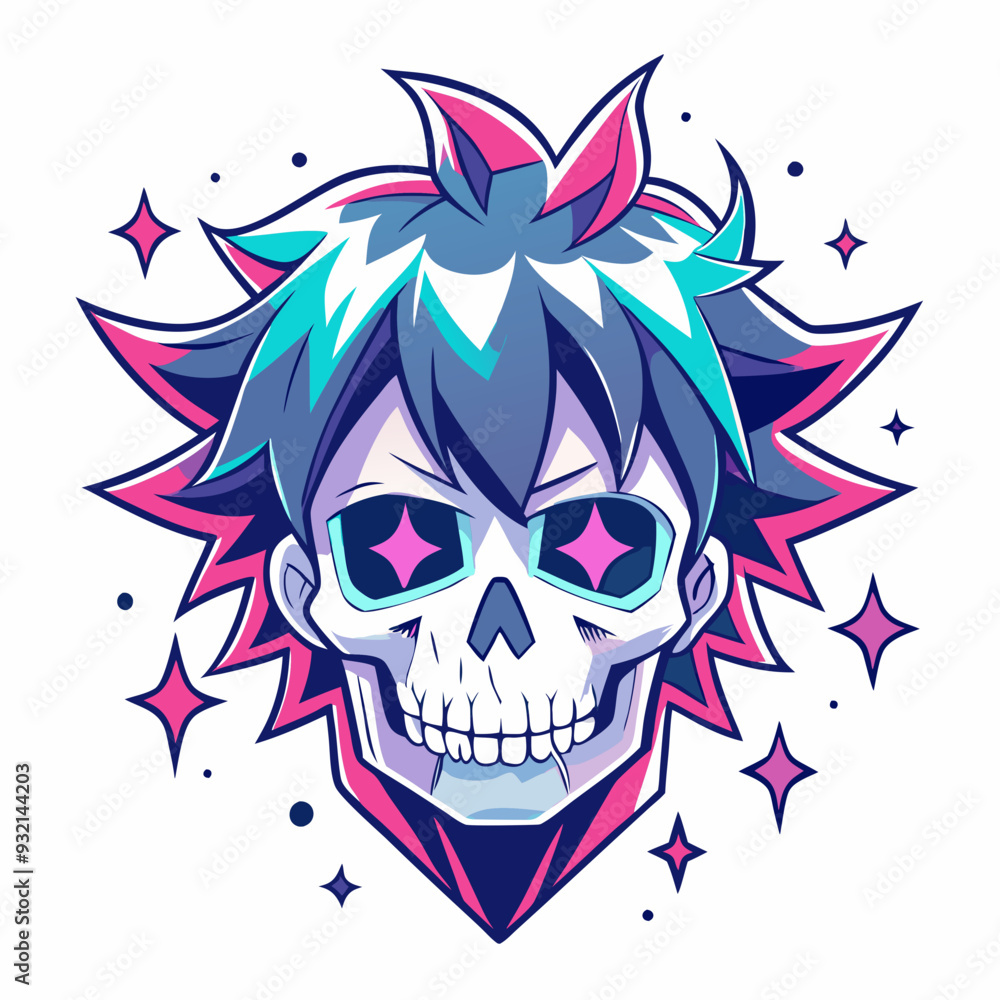 Epic Anime Skull Vector T-Shirt Design, Glitch Aesthetic, Starry Shimmer, Crisp White Background Epic Anime Skull Vector T-Shirt Design, Glitch Aesthetic, Starry Shimmer, Crisp White Background