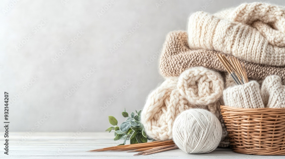 A collection of beige and white knitted garments rests on a table, accompanied by knitting needles, yarn, and a small potted plant, creating a warm crafting atmosphere A collection of beige and white knitted garments rests on a table, accompanied by knitting needles, yarn, and a small potted plant, creating a warm crafting atmosphere