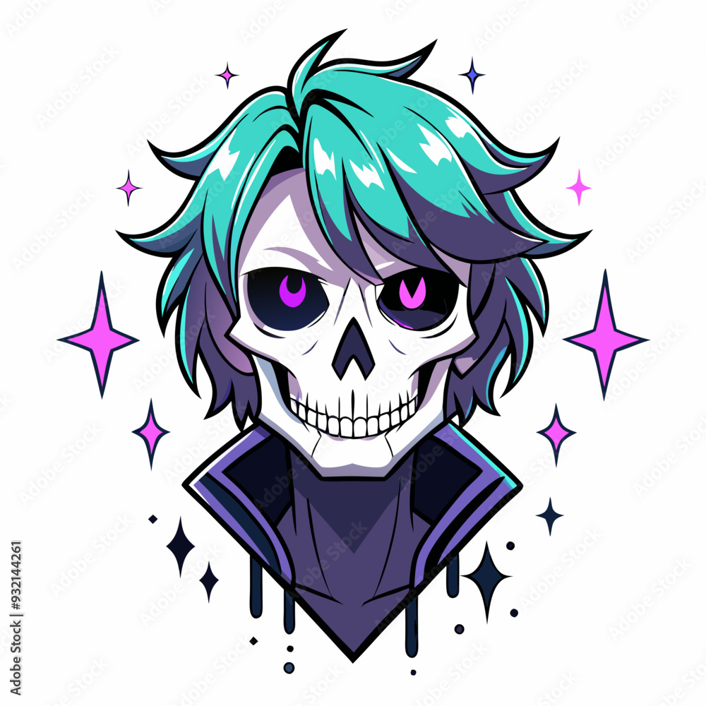 Epic Anime Skull Vector T-Shirt Design, Glitch Aesthetic, Starry Shimmer, Crisp White Background Epic Anime Skull Vector T-Shirt Design, Glitch Aesthetic, Starry Shimmer, Crisp White Background