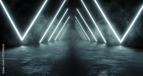 Illuminated tunnel with triangular light patterns in a dark space at night