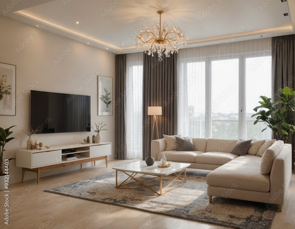 Fototapeta premium A living room with a large white couch, a coffee table, and a flat screen TV