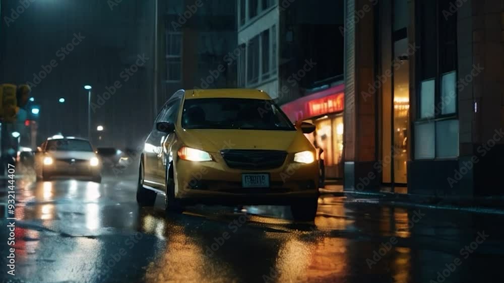Yellow Taxi Cab Driving Through a City Street at Night in the Rain Yellow Taxi Cab Driving Through a City Street at Night in the Rain