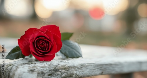 A red rose resting on a wooden bench at sunset in a peaceful outdoor setting