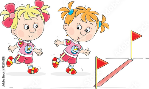 Funny little girls finishing their race during physical education class at elementary school or kindergarten, vector illustration isolated on a white background