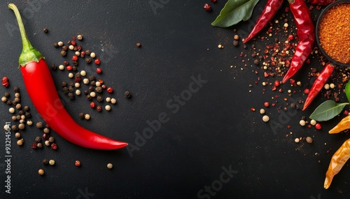 Fresh red chili pepper, garlic, and spices arranged on a black textured surface