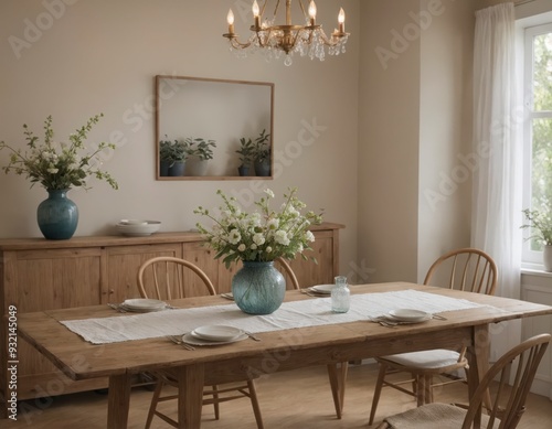 Wallpaper Mural A large wooden dining table with a blue vase of flowers in the center Torontodigital.ca