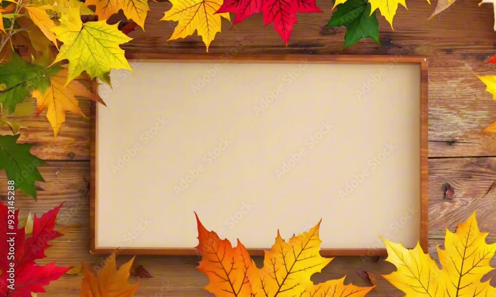 Autumn leaves frame in warm colors representing fall season with copy space on rustic wooden background Autumn leaves frame in warm colors representing fall season with copy space on rustic wooden background