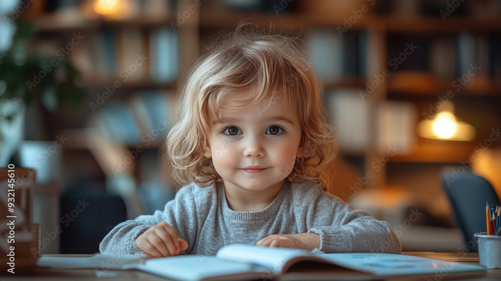 Cute young child enjoying favorite hobby, reading his first book in a warm, cozy home interior. Cute young child enjoying favorite hobby, reading his first book in a warm, cozy home interior.