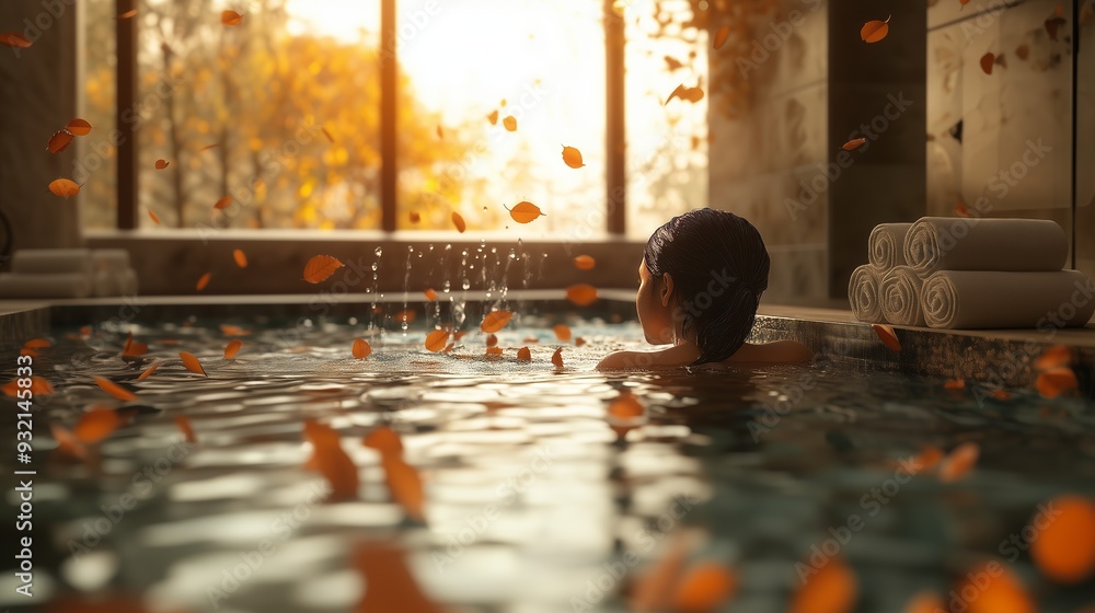 Woman enjoying a serene indoor pool with autumn leaves around her, warm lighting creating a relaxing ambiance. Woman enjoying a serene indoor pool with autumn leaves around her, warm lighting creating a relaxing ambiance.