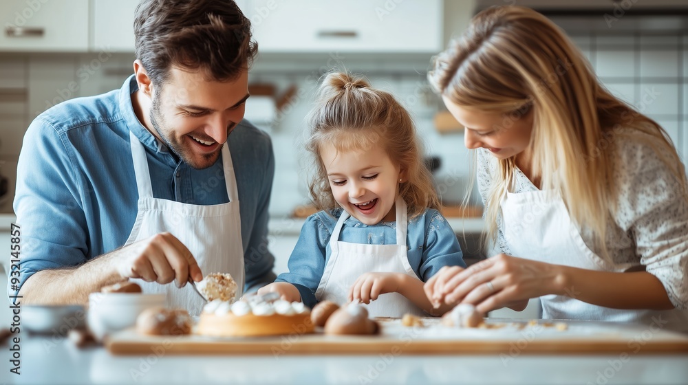 Parents and child happily baking together in a modern kitchen, sharing a fun and joyful family moment. Parents and child happily baking together in a modern kitchen, sharing a fun and joyful family moment.