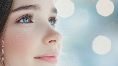 Close-up of a young woman with captivating green eyes contemplating by a window