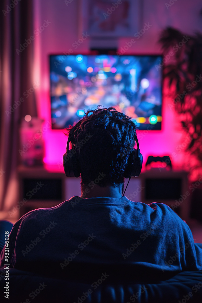 Gamer in a gaming room playing on a large screen with neon lighting Gamer in a gaming room playing on a large screen with neon lighting