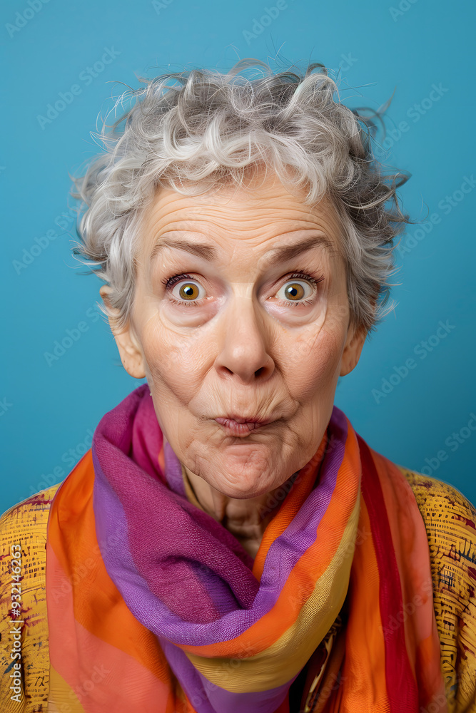 Portrait of senior woman with funny face on blue background. Portrait of senior woman with funny face on blue background.