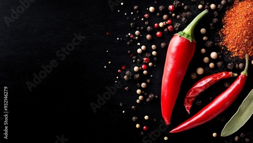 Fresh red chili pepper, garlic, and spices arranged on a black textured surface
