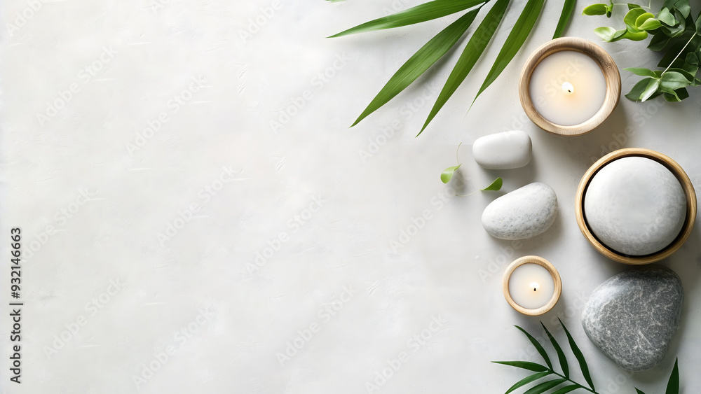 Flat lay composition with spa stones and candles with space for text on white background Flat lay composition with spa stones and candles with space for text on white background