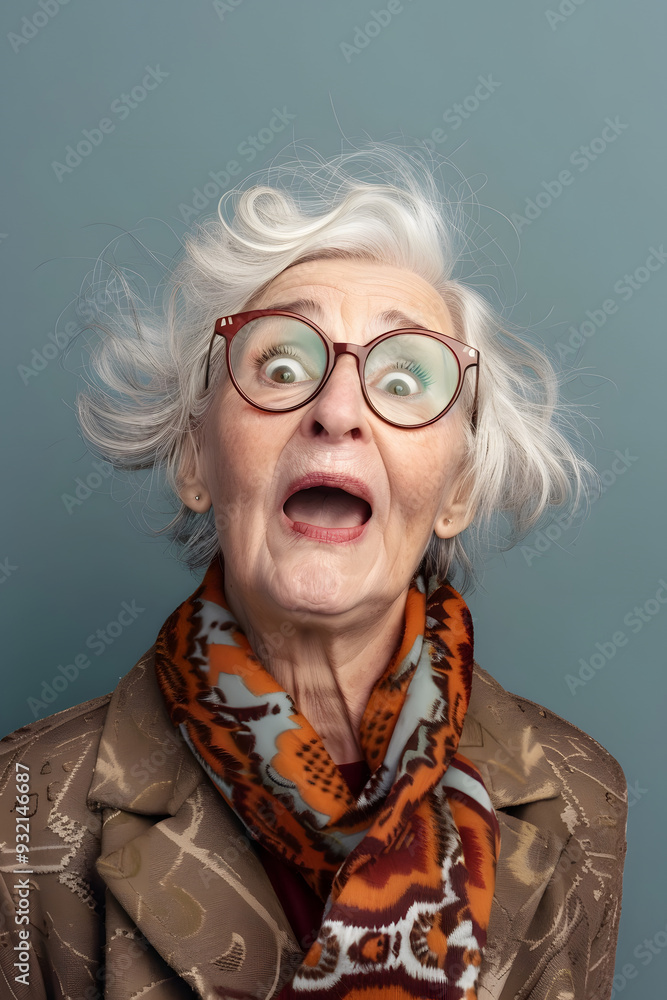 Portrait of senior woman with funny face on blue background. Portrait of senior woman with funny face on blue background.