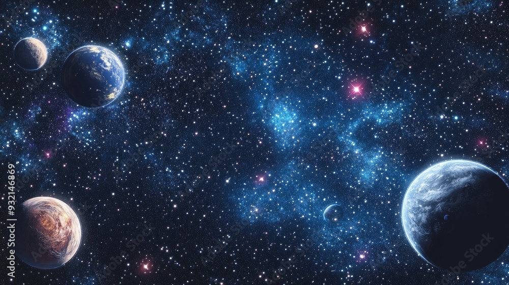 2D illustration of a realistic starry background in empty interstellar space featuring bright stars planets and moons ideal for various sci fi creative contexts and space art 2D illustration of a realistic starry background in empty interstellar space featuring bright stars planets and moons ideal for various sci fi creative contexts and space art