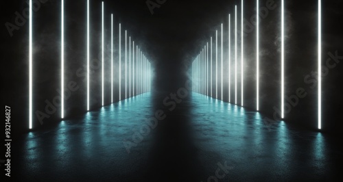 Fototapeta Naklejka Na Ścianę i Meble -  Illuminated tunnel with triangular light patterns in a dark space at night