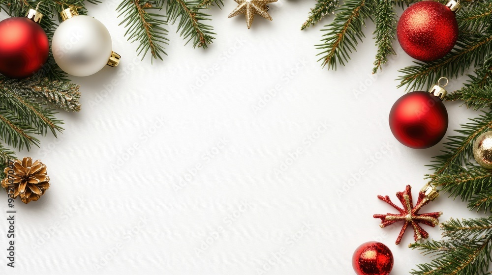A vibrant Christmas garland with red baubles and pine branches creates a festive border for any holiday greeting or decoration A vibrant Christmas garland with red baubles and pine branches creates a festive border for any holiday greeting or decoration