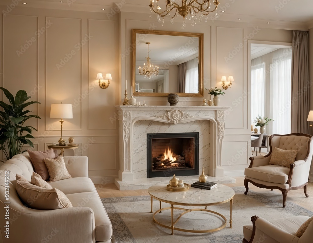 custom made wallpaper toronto digitalA living room with a fireplace, a couch, and two chairs