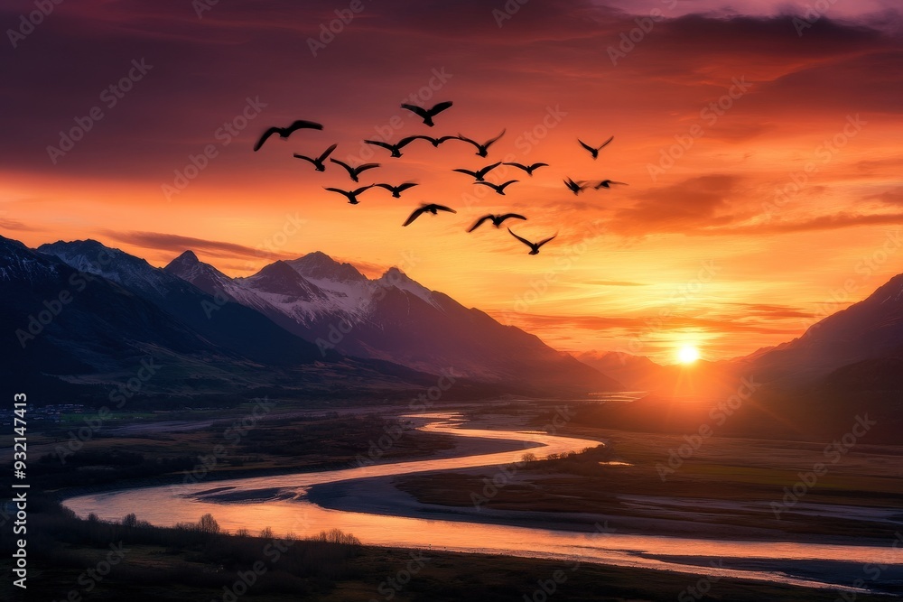 A flock of birds flies gracefully into the sunset over a winding river, framed by majestic mountains, casting a peaceful and awe-inspiring scene full of natural beauty. A flock of birds flies gracefully into the sunset over a winding river, framed by majestic mountains, casting a peaceful and awe-inspiring scene full of natural beauty.