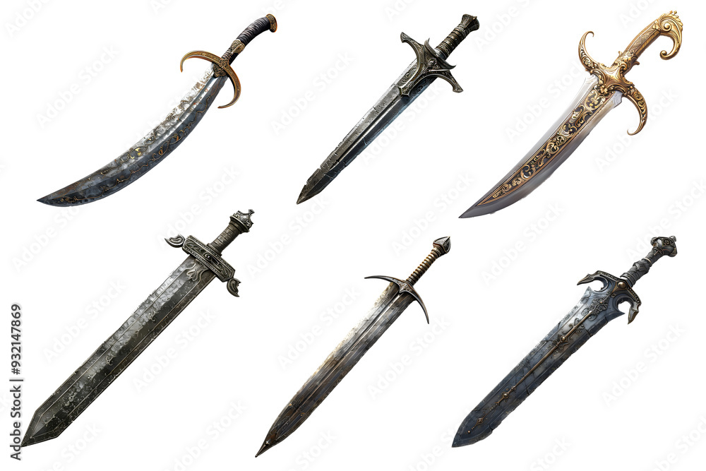 A variety of intricately designed swords arranged attractively, showcasing different styles and craftsmanship. A variety of intricately designed swords arranged attractively, showcasing different styles and craftsmanship.