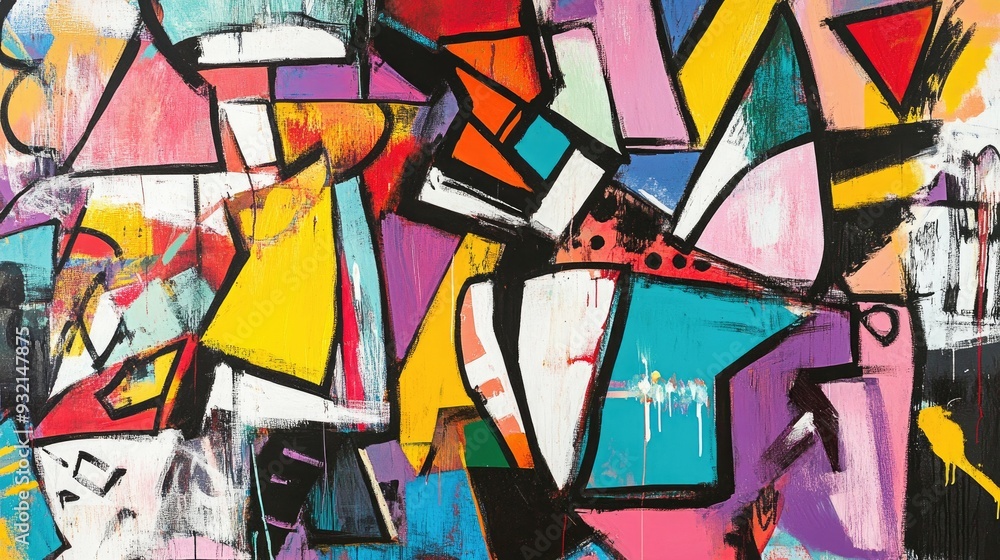 Abstract artwork featuring a vibrant mix of chaotic multicolored shapes and figures delineated by bold black lines Abstract artwork featuring a vibrant mix of chaotic multicolored shapes and figures delineated by bold black lines