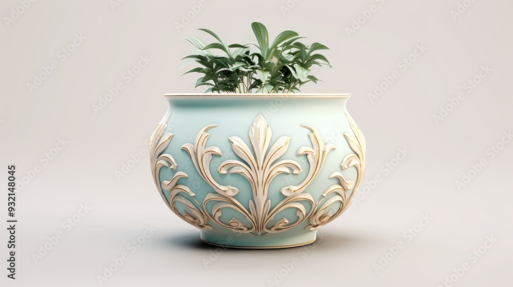 A light background accentuates a handmade ceramic pot, a decorative vessel for a thriving green houseplant, creating a nature-inspired vignette. A light background accentuates a handmade ceramic pot, a decorative vessel for a thriving green houseplant, creating a nature-inspired vignette.