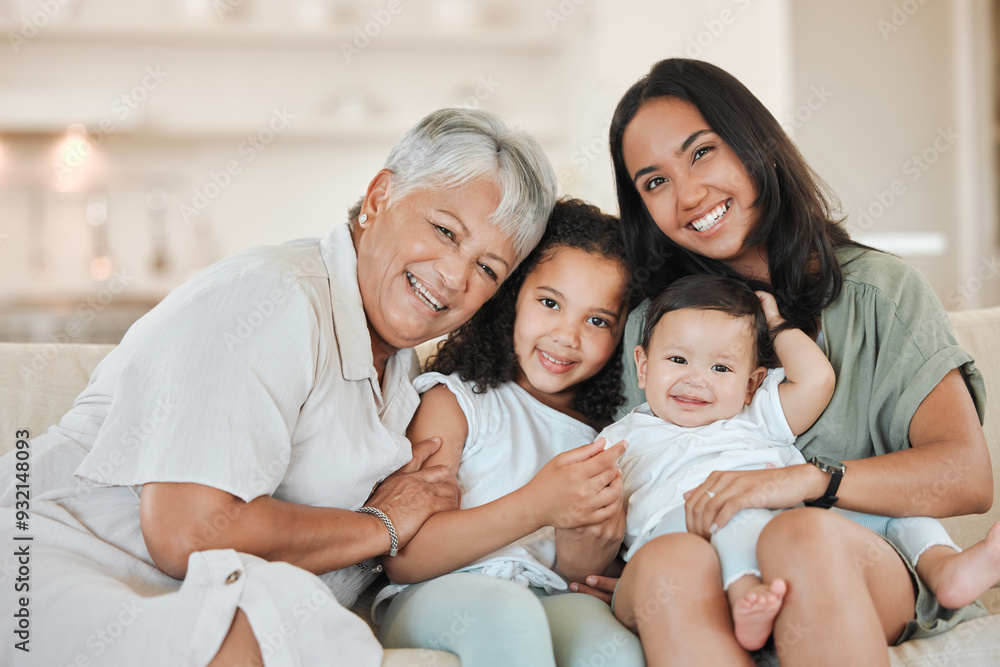 © DavisShared/peopleimages.com - Mother, grandmother and children with portrait on sofa for bonding, happy memory and support with hugging. People, family love and kids on couch in living room with smile, embrace and generations
